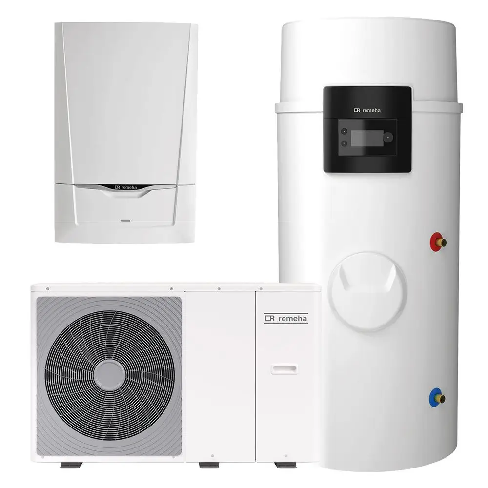 Wärmepumpensystem von Remeha, bestehend aus einem Außengerät mit Ventilator, einem Kessel und einem Pufferspeicher in weißer Ausführung.